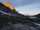 Sunset alpenglow on Mount Sacagawea above Titcomb Lakes.
