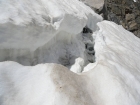 Crossing the bergschrund, still a healthy snowbridge in place.