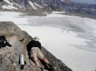 Ken doesn't like exposure, but did lean out to check out the view of the Upper Fremont Glacier.