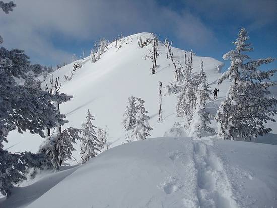 Splattski on the final portion of the climb to the summit of Bull Trout Point.