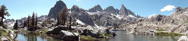 Panoramic view of The Minarets from very the scenic Minaret Creek Lake.