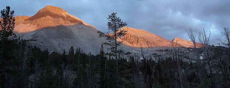 Sunset on Caulkens Peak, WCP-9, and David O Lee Peak from Ocalkens Lake.