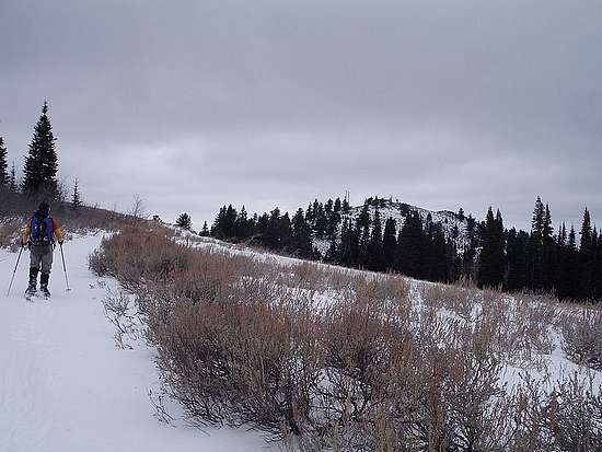 John snowshoeing the ridge to Packer John Mountain.